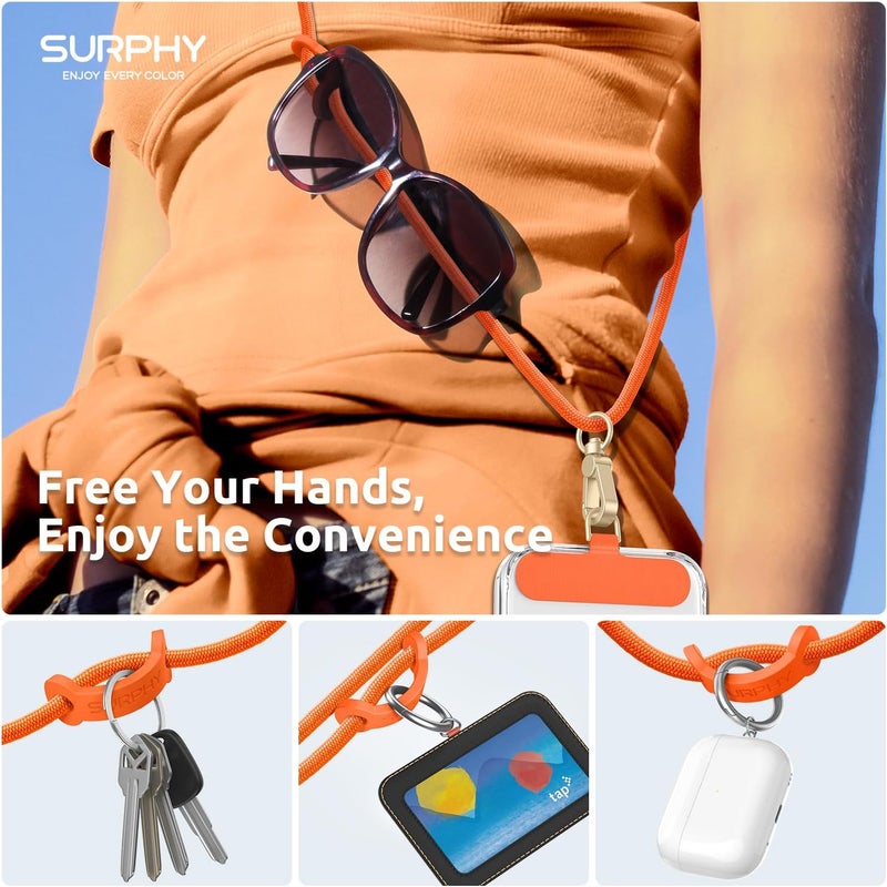 SURPHY Phone Lanyard, Adjustable Phone Strap Crossbody with 2 Pack Cell Phone Tether Tab, Premium Metal Buckles, Skin-Friendly, Universal Cell Phone Lanyard Crossbody for Women and Men, Orange - Image 2